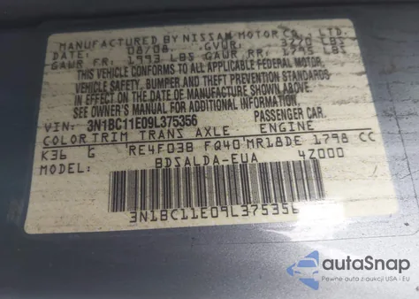 2009 Nissan Versa 1.8S z USA, uszkodzony, nr VIN 3N1BC11E09L375356